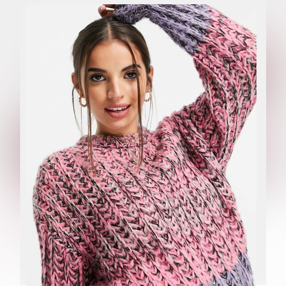 NWT- PINK/LAVENDER COLOR-BLOCK SZ-12 OVERSIZE LARGE-LOOP KNIT SWEATER